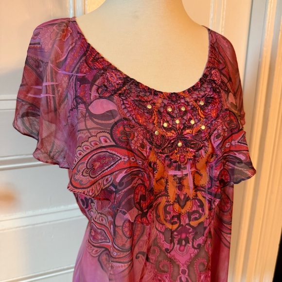 Unity World Wear Women’s Pink Orange Studded Patterned Top Medium Flutter Sleeve - Picture 2 of 14